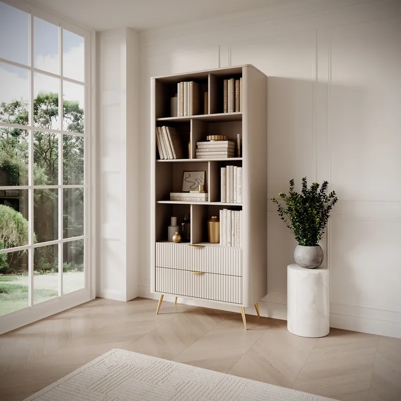 Super-Preis Lante Bücherregal 88 cm beige elegantes Bücherregal mit Schubladen Designer-Riffelungen an den Fronten Metallgriffe mit Goldrand