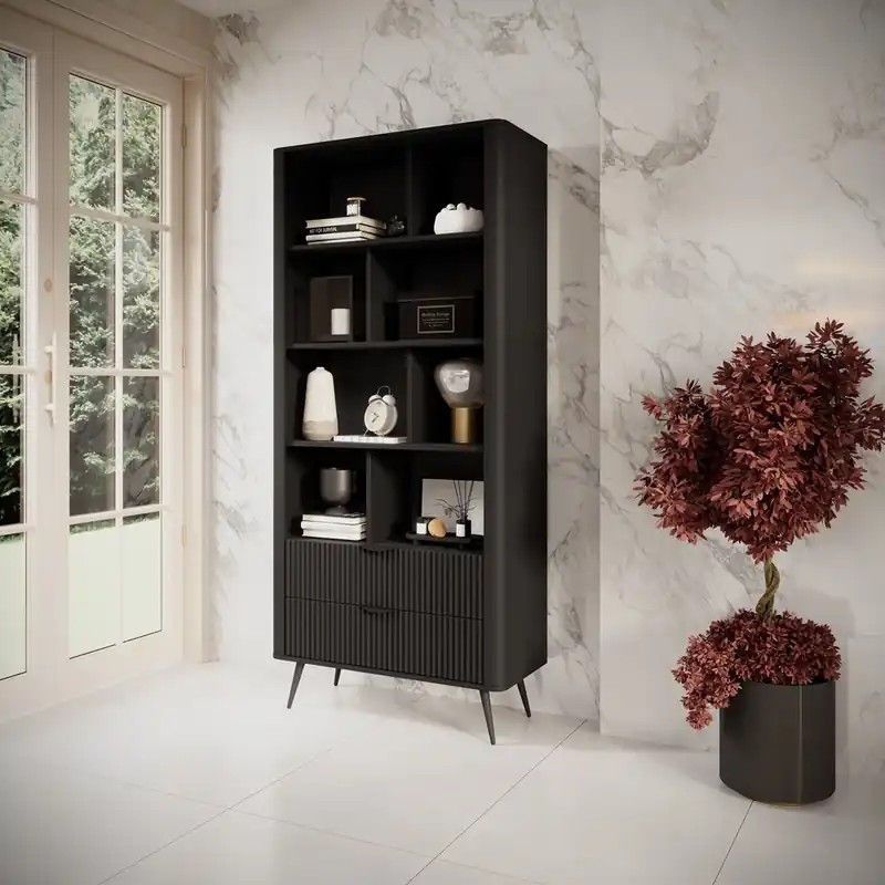 Solange Der Vorrat Reicht Lante 88 cm schwarz elegantes bücherregal mit schubladen designer rillen an den fronten metall kante griffe