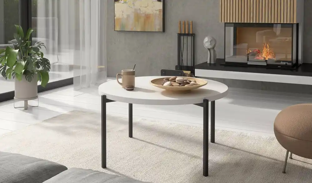 Echt Runder Couchtisch 84 cm Sampi weiß zeitloses und leichtes Design solides Metallgestell idealer Tisch für jede Umgebung