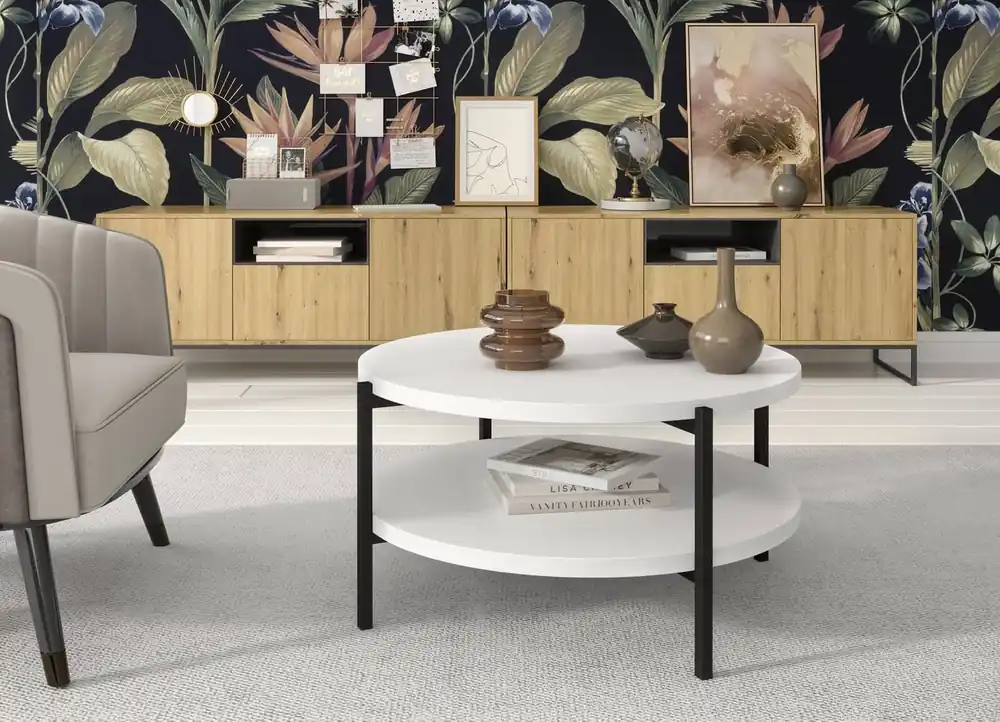 Runder Couchtisch 84 cm Sampi weiß mit zusätzlicher Ablage helles Design solides Metallgestell idealer Tisch für jede Einrichtung Top-Seller