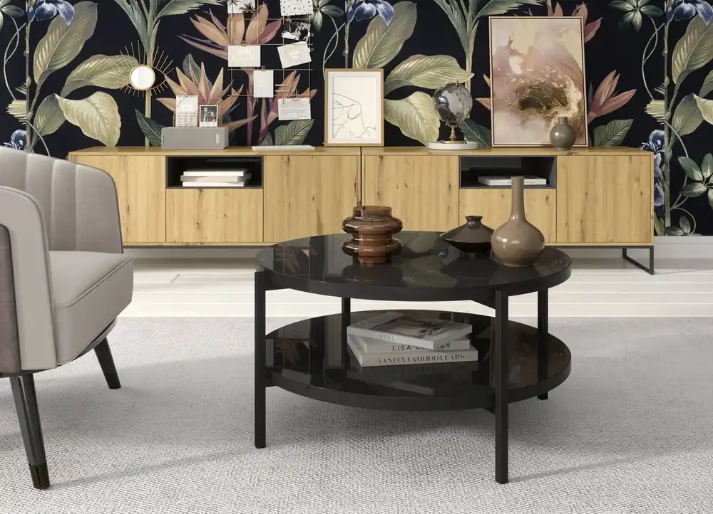 Sonderaktion Runder Couchtisch 84 cm Sampi glänzend schwarz mit zusätzlicher Ablagefläche leichtes Design Metallgestell idealer Tisch für jede Einrichtung