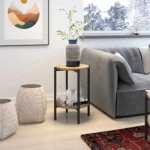 Jetzt Kaufen Runder Couchtisch 44 cm Sampi Eiche Handwerker mit zusätzlichen Regal Licht Design Metallbasis reizvolle Dekoration von jedem Interieur