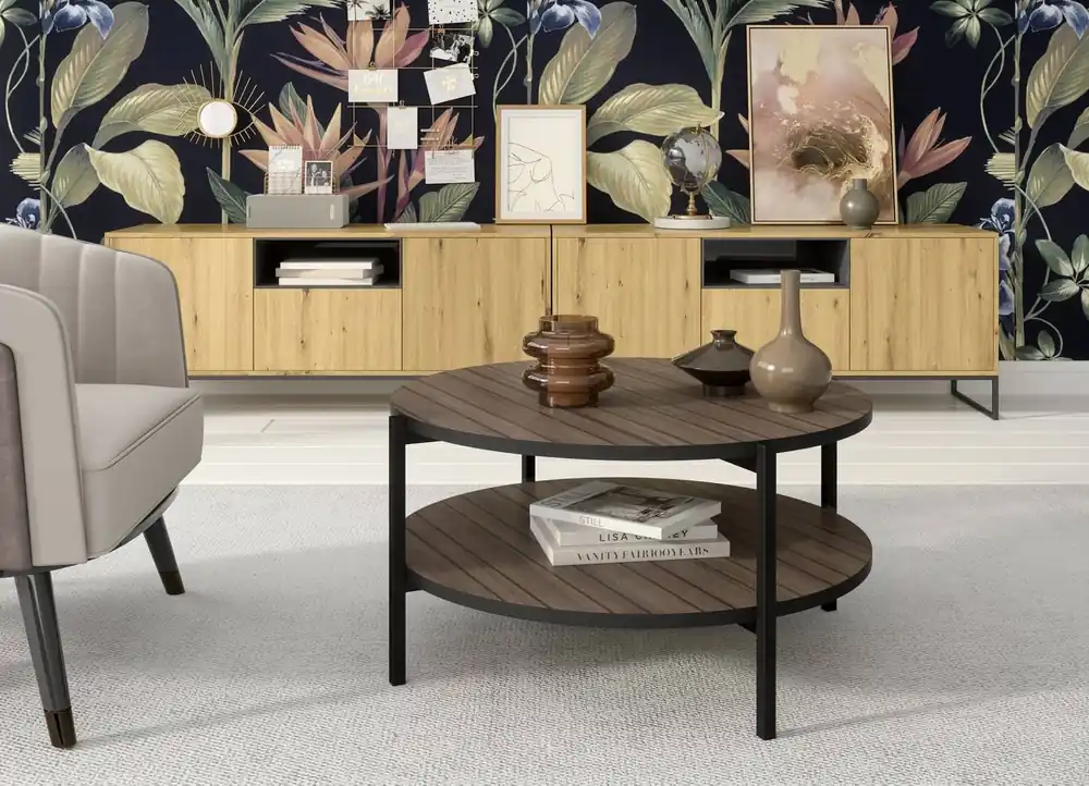 Saisonangebot Couchtisch rund 84 cm Sampi Kapitänsdeck mit zusätzlicher Ablage helles Design Metallgestell idealer Tisch für jede Einrichtung