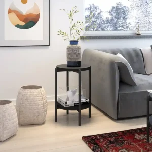 Echt Runder Couchtisch 44 cm Sampi schwarz mit zusätzlicher Ablage Licht Design solide Metallbasis reizvolle Dekoration jedes Interieur