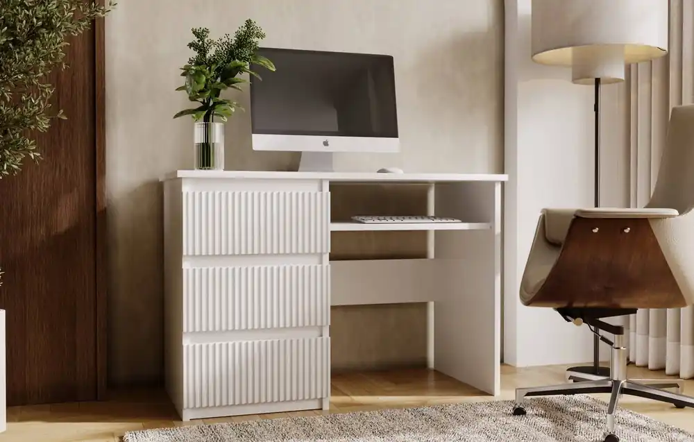 Schreibtisch mit Schubladen Flexi 110 cm weiß Universalschreibtisch mit beidseitiger Einbaumöglichkeit von Schubladen dekorative Rillenfronten Geprüft