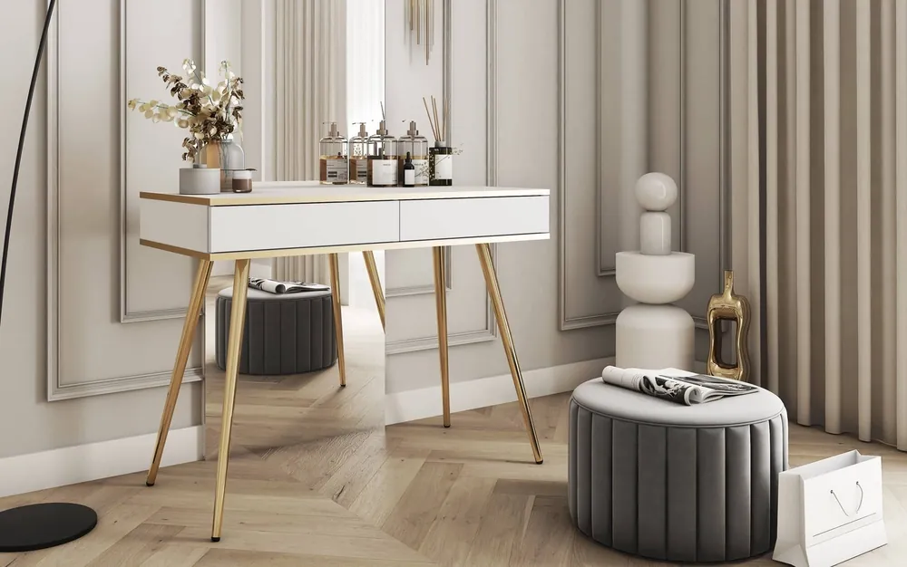Sofort Bestellen Luxuriöse weiße Konsole mit Schubladen stilvolle und elegante Schminktisch auf hohen Beinen unterstützt Körper mit goldenen trim gekrönt