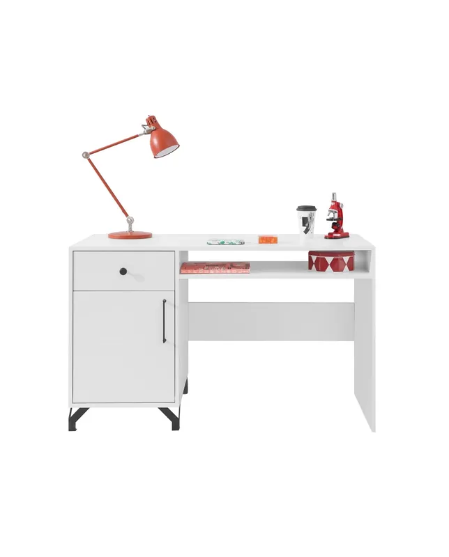 Neue Kollektion Schreibtisch mit Schublade Skien 125 cm weiß glänzend elegantes Design einfache Form der Möbel mit stilvollen Metallelementen bereichert schwarze Beine