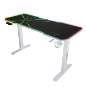 Preis Gesenkt E-Talisman Gaming-Schreibtisch weiß / grün höhenverstellbare Platte vollständig mit Pad mit LED-Beleuchtung abgedeckt
