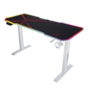 E-Talisman Gaming-Schreibtisch weiß / rot höhenverstellbarer Schreibtisch vollflächig abgedeckt mit LED-Beleuchtung Finale Aktion