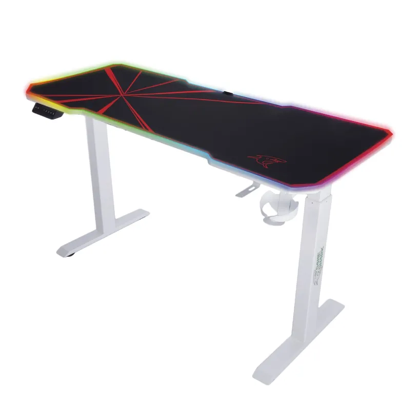 E-Talisman Gaming-Schreibtisch weiß / rot höhenverstellbarer Schreibtisch vollflächig abgedeckt mit LED-Beleuchtung Finale Aktion