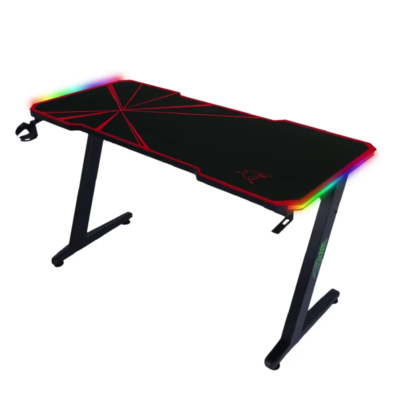 Zeo Gaming-Schreibtisch schwarz/rot Designer-Schreibtisch rutschfeste Carbonplatte voll gepolstert LED-Beleuchtung Nur Heute