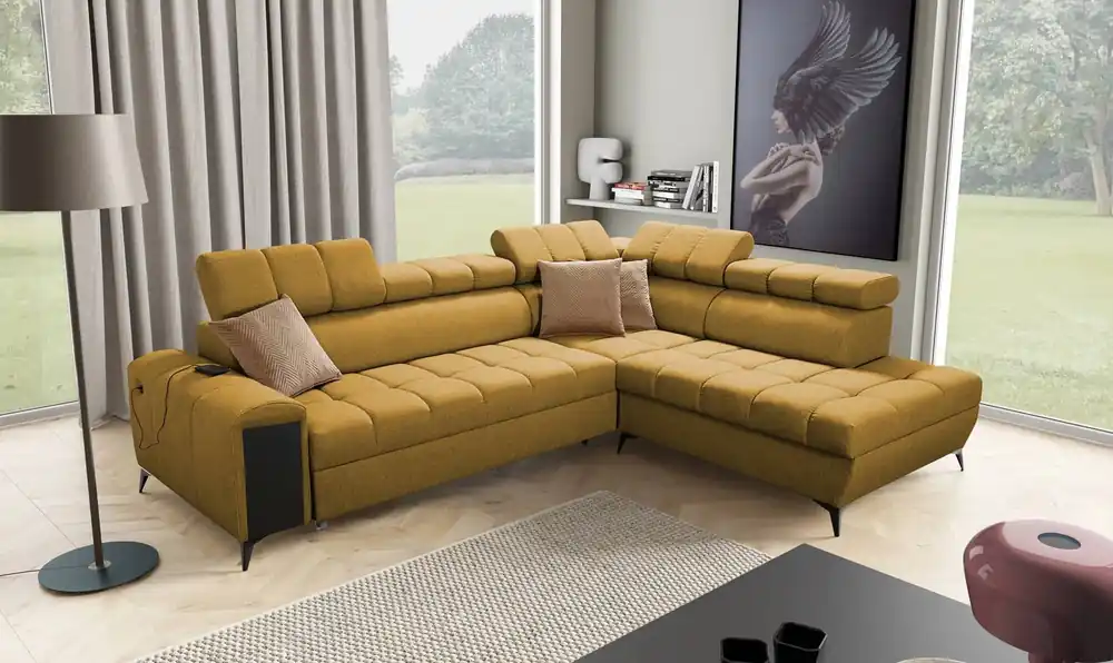 Sofort Bestellen Ecksofa mit Schlaffunktion Bolmso VII Senfgelb rechts elegantes Ecksofa für Wohnzimmer mit Schublade und Bettzeugablage