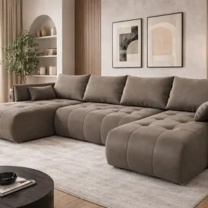 Bestpreis Ecksofa mit Schlaffunktion Selva U dunkelbeige Ein interessant präsentiertes Ecksofa aus Stoff mit einer plüschigen Oberfläche