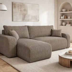Ecksofa mit Schlaffunktion Fiesta hellbraun universal Ecksofa für Wohnzimmer Kordstoff Bettwäsche Container Kracherpreis