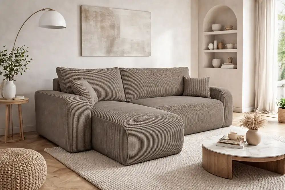 Ecksofa mit Schlaffunktion Fiesta hellbraun universal Ecksofa für Wohnzimmer Kordstoff Bettwäsche Container Kracherpreis