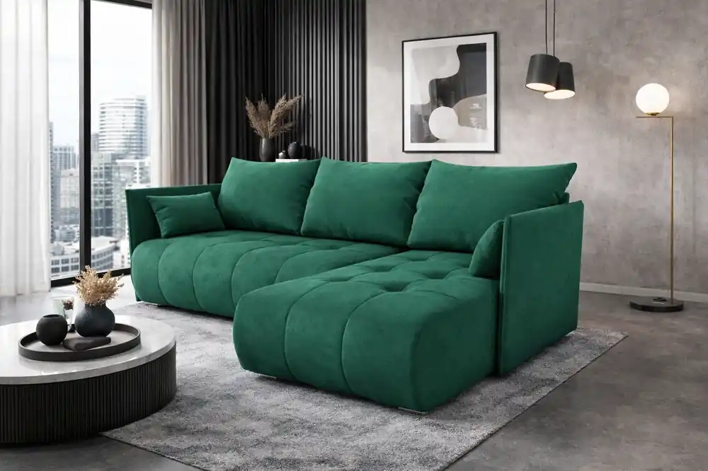 Preiswert Ecksofa mit Schlaffunktion Selva Flasche grün universal seite Ecksofa mit Bettkasten bequemer Plüschstoff