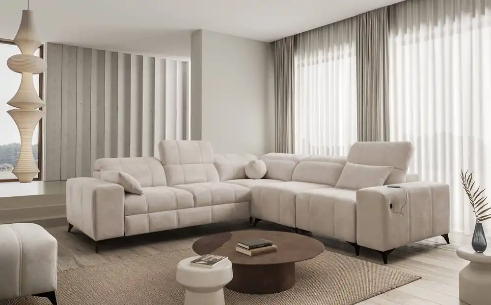 Ecksofa mit Schlaffunktion Penejos III beige rechte Ecke äußerst bequemes und praktisches Ecksofa für das Wohnzimmer zwei Behälter für Bettzeug Solange Der Vorrat Reicht