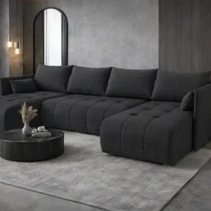 Neuheit Ecksofa mit Schlaffunktion Selva U dunkelgrau Interessant präsentiertes Ecksofa aus strapazierfähigem Webstoff