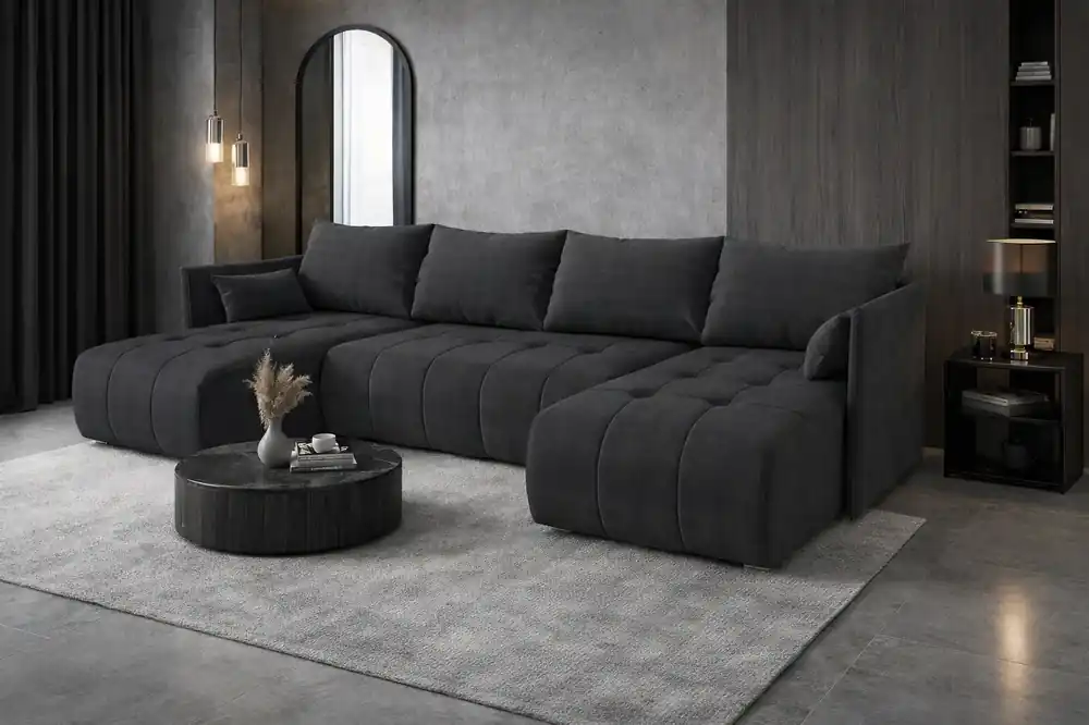 Neuheit Ecksofa mit Schlaffunktion Selva U dunkelgrau Interessant präsentiertes Ecksofa aus strapazierfähigem Webstoff