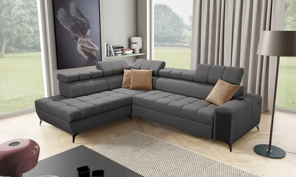 Ecksofa mit Schlaffunktion Bolmso VII graphit links äußerst elegantes Ecksofa für Wohnzimmer mit Schublade und Bettzeugbehälter Kracherpreis