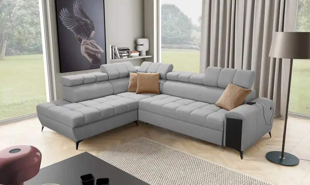Jetzt Kaufen Ecksofa mit Schlaffunktion Bolmso VII grau linke Ecke äußerst elegantes Ecksofa für Wohnzimmer mit Schublade und Bettzeugcontainer