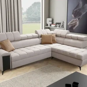 Ecksofa mit Schlaffunktion Bolmso VII beige rechte Ecke sehr elegantes Ecksofa für das Wohnzimmer mit einer Schublade und einem Behälter für Bettzeug Neue Kollektion