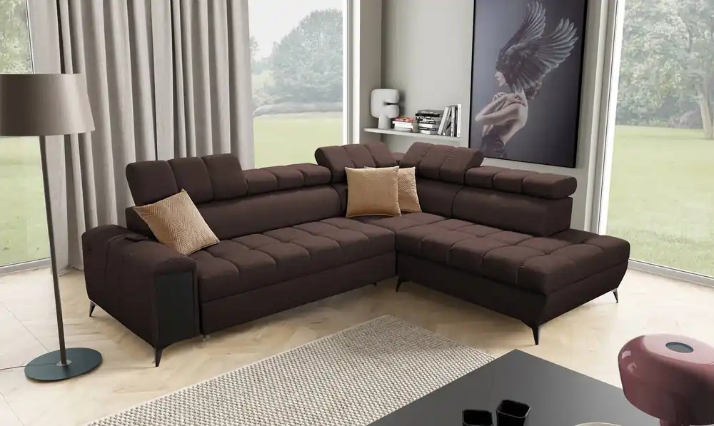 Wochenendangebot Ecksofa mit Schlaffunktion Bolmso VII braun rechte Ecke äußerst elegantes Ecksofa für Wohnzimmer mit Schublade und Bettzeugcontainer