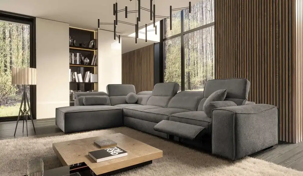 Ecksofa mit Schlaffunktion Viano XI Lux grau links Design-Ecksofa mit ausziehbarem Fußteil und Bettzeugstaufach Knallerangebot