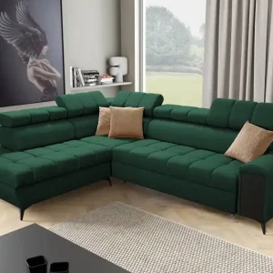 Ecksofa mit Schlaffunktion Bolmso VII grün links äußerst elegantes Ecksofa für Wohnzimmer mit Schublade und Bettzeugbehälter Direktkauf