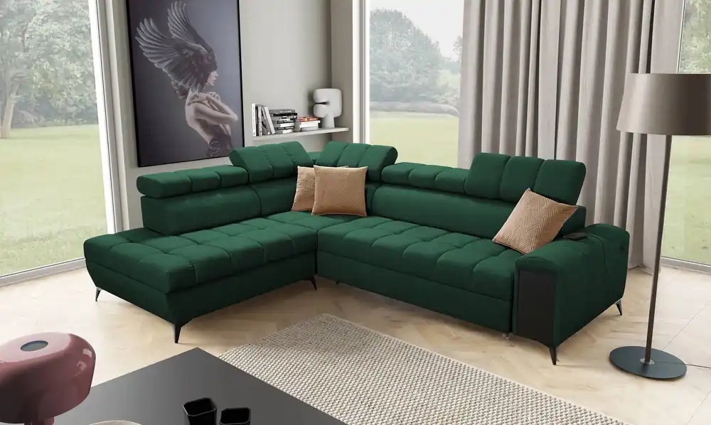 Ecksofa mit Schlaffunktion Bolmso VII grün links äußerst elegantes Ecksofa für Wohnzimmer mit Schublade und Bettzeugbehälter Direktkauf