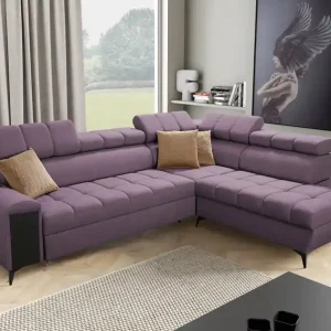 Ecksofa mit Schlaffunktion Bolmso VII violett rechts elegantes Ecksofa für Wohnzimmer mit Schublade und Bettzeugbehälter Finale Aktion