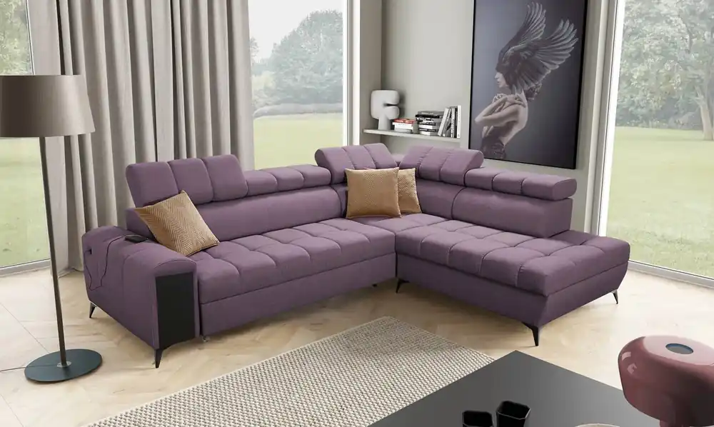 Ecksofa mit Schlaffunktion Bolmso VII violett rechts elegantes Ecksofa für Wohnzimmer mit Schublade und Bettzeugbehälter Finale Aktion