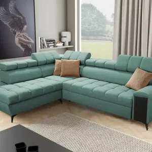 Ecksofa mit Schlaffunktion Bolmso VII mintgrün links elegantes Ecksofa für Wohnzimmer mit Schublade und Bettzeugbehälter Preis Gesenkt