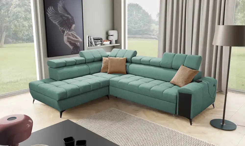 Ecksofa mit Schlaffunktion Bolmso VII mintgrün links elegantes Ecksofa für Wohnzimmer mit Schublade und Bettzeugbehälter Preis Gesenkt