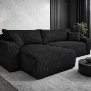 Bestpreis Ecksofa mit Schlaffunktion Fiesta schwarz universal Ecksofa für Wohnzimmer Kordstoff Bettzeug Container