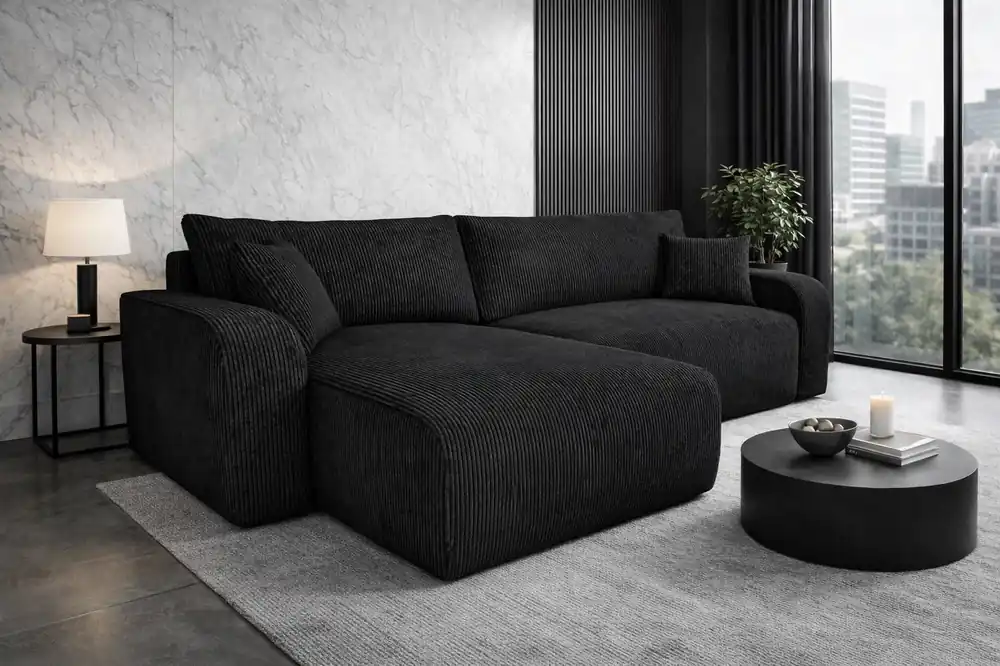 Bestpreis Ecksofa mit Schlaffunktion Fiesta schwarz universal Ecksofa für Wohnzimmer Kordstoff Bettzeug Container