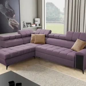 Saisonangebot Ecksofa mit Schlaffunktion Bolmso VII lila links elegantes Ecksofa für Wohnzimmer mit Schublade und Bettzeugbehälter