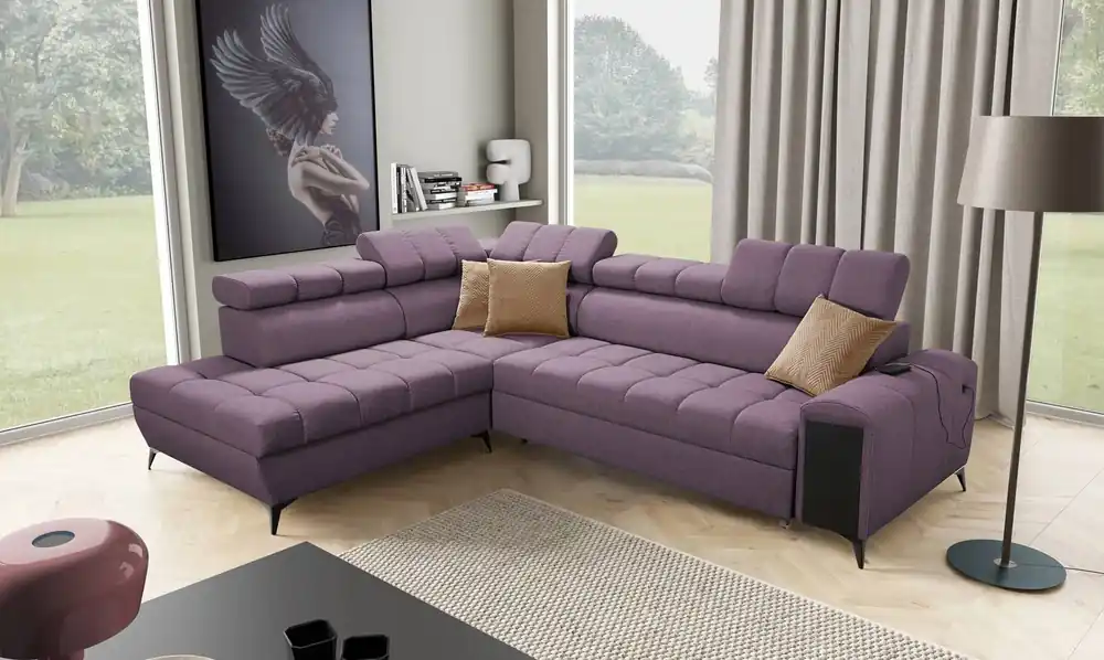 Saisonangebot Ecksofa mit Schlaffunktion Bolmso VII lila links elegantes Ecksofa für Wohnzimmer mit Schublade und Bettzeugbehälter