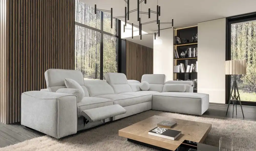 Geprüft Ecksofa mit Schlaffunktion Viano XI Lux grau Esche rechts Design-Ecksofa mit ausziehbarem Fußteil und Bettzeugstaufach