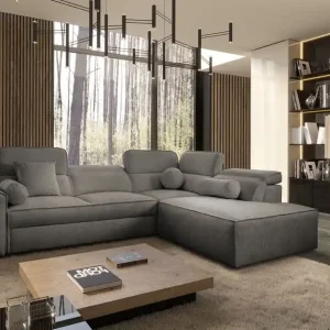 Ecksofa mit Schlaffunktion Viano VII grau rechte Ecke trendy und stilvoll mit verstellbaren Kopfstützen Zierkissen Top-Seller