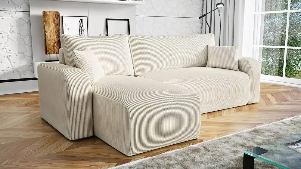 Ecksofa mit Schlaffunktion Fiesta beige universal Ecksofa für Wohnzimmer Kordstoff Bettzeug Container Zertifiziert
