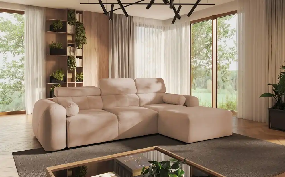 Neuheit Ecksofa mit Schlaffunktion Cantare Lachs rechts funktionelles und bequemes Ecksofa mit modernem Design Plüschstoff