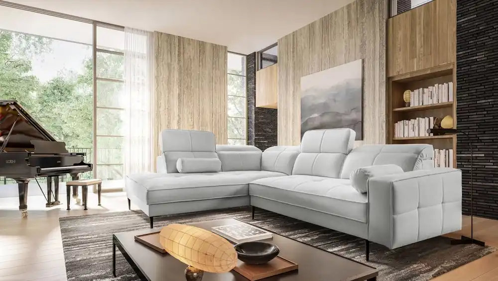 Ecksofa Samos grau Esche links modernes Design einfach und stilvoll Körper zu jedem Interieur Design verstellbare Kopfstützen passen Wochenendangebot