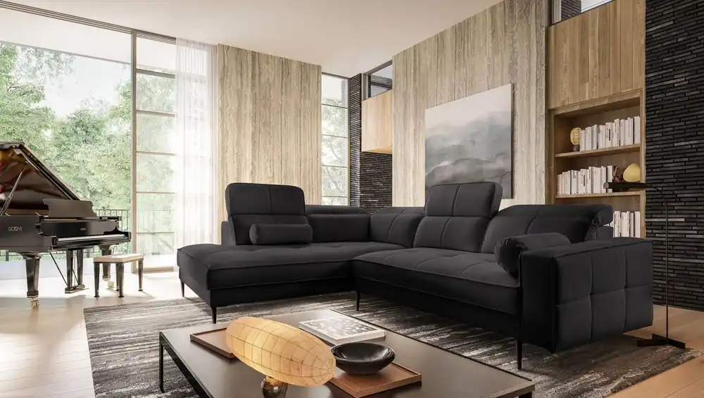 Ecksofa Samos schwarz links modernes Design einfach und stilvoll Körper in jedes Interieur Design passen verstellbare Kopfstützen Mega-Angebot