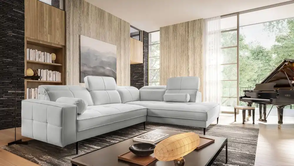 Saisonangebot Ecksofa Samos grau Esche rechte Ecke modernes Design schlichtes und stilvolles Design passend zu jeder Einrichtung verstellbare Kopfstützen