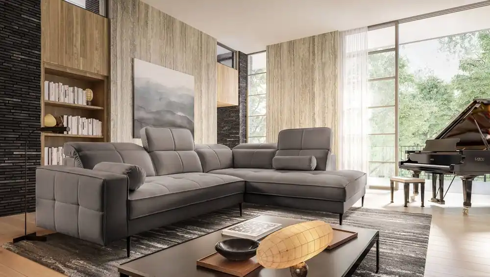 Ecksofa Samos grau rechts modernes Design einfach und stilvoll Körper passt jede Innenarchitektur verstellbare Kopfstützen Bestpreis