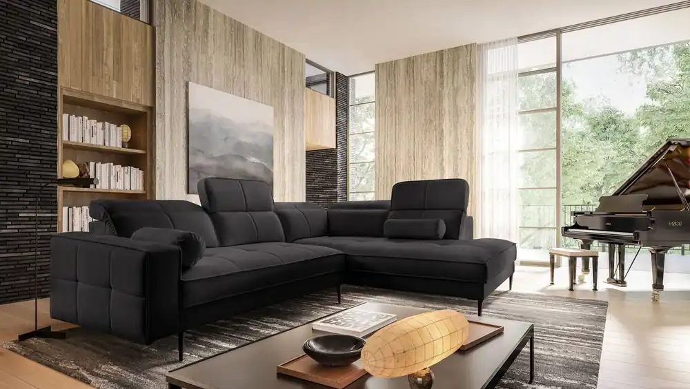 Ecksofa Samos schwarz rechts modernes Design einfach und stilvoll Körper zu jedem Interieur Design verstellbare Kopfstützen passen Rabatt
