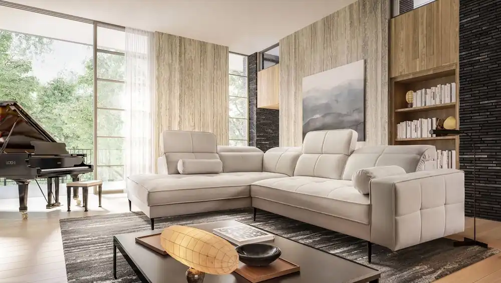 Top-Preis Ecksofa Samos beige links modernes Design einfach und stilvoll Körper zu jedem Interieur Design verstellbare Kopfstützen passen