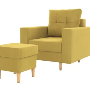 Saisonangebot Sessel mit Fußstütze Vaso Senfgelb bequemer Sessel für Wohnzimmer im skandinavischen Stil weicher Sitz hohe Holzbeine