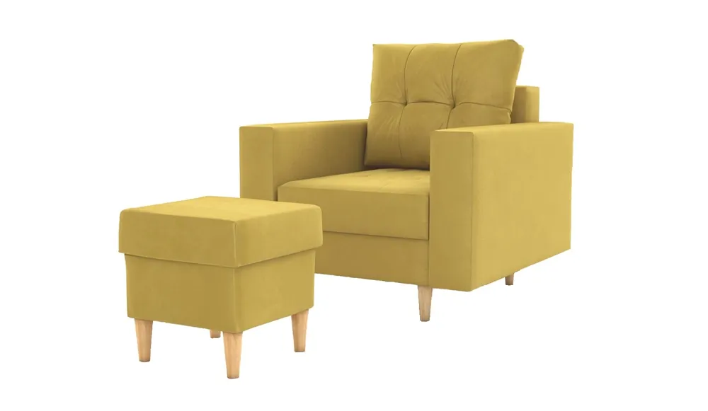 Saisonangebot Sessel mit Fußstütze Vaso Senfgelb bequemer Sessel für Wohnzimmer im skandinavischen Stil weicher Sitz hohe Holzbeine